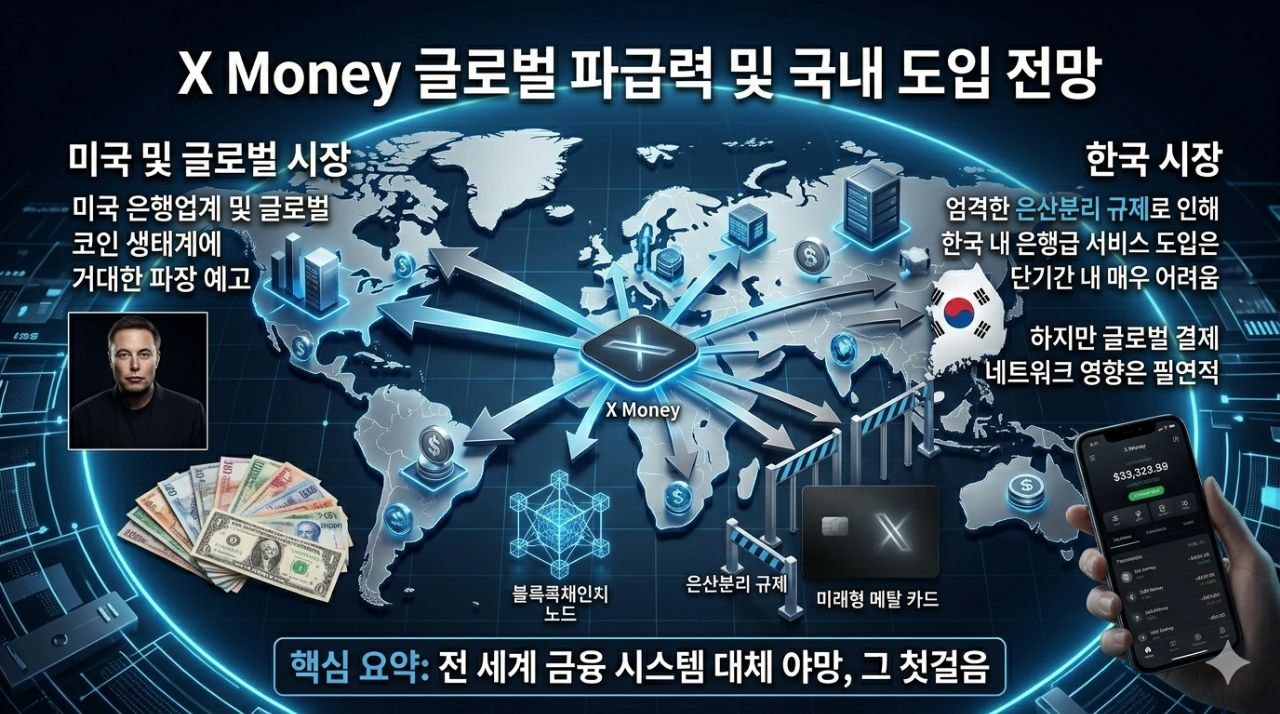 X Money의 글로벌 파급력과 한국 은산분리 장벽을 세계지도와 함께 설명한 인포그래픽
