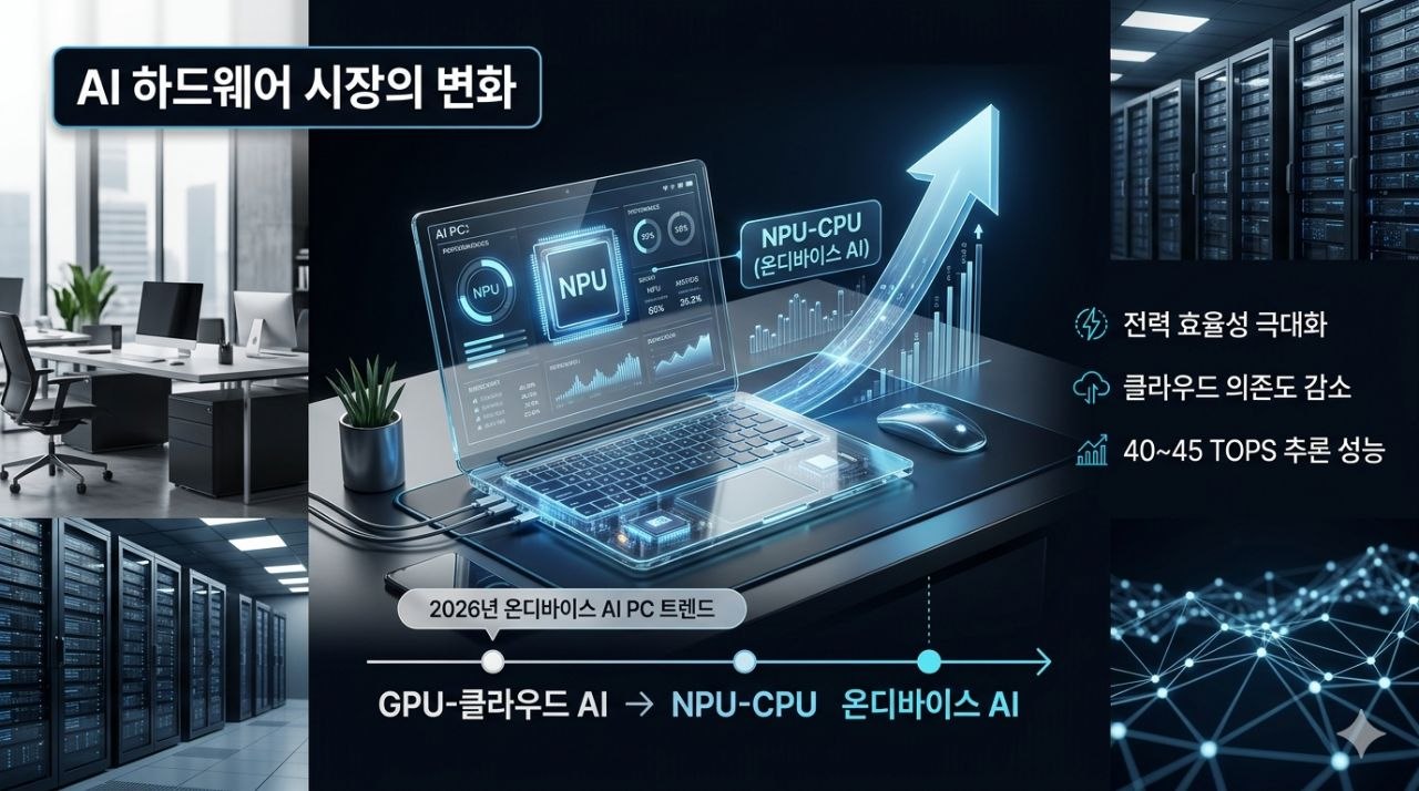 GPU 중심 AI 시장이 NPU CPU 기반 온디바이스 AI PC로 확장되는 변화를 설명하는 인포그래픽