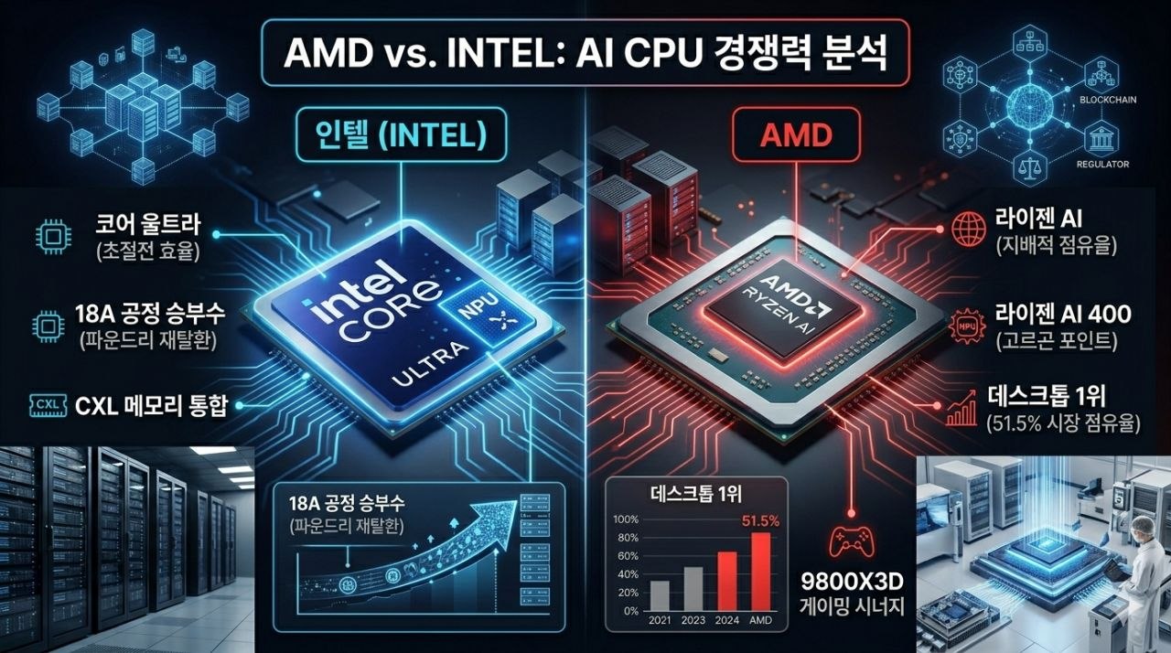 AMD와 인텔의 AI CPU 경쟁력, 18A 공정, 라이젠 AI 400, 데스크톱 점유율을 비교한 인포그래픽