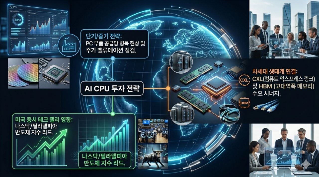 AI CPU 투자 전략과 미국증시, CXL, HBM 생태계 연결성을 설명하는 인포그래픽
