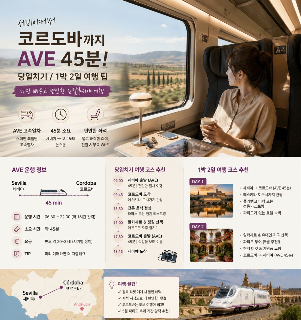 세비야에서 코르도바까지 AVE 45분 이동과 당일치기 1박2일 코스를 정리한 여행 인포그래픽
