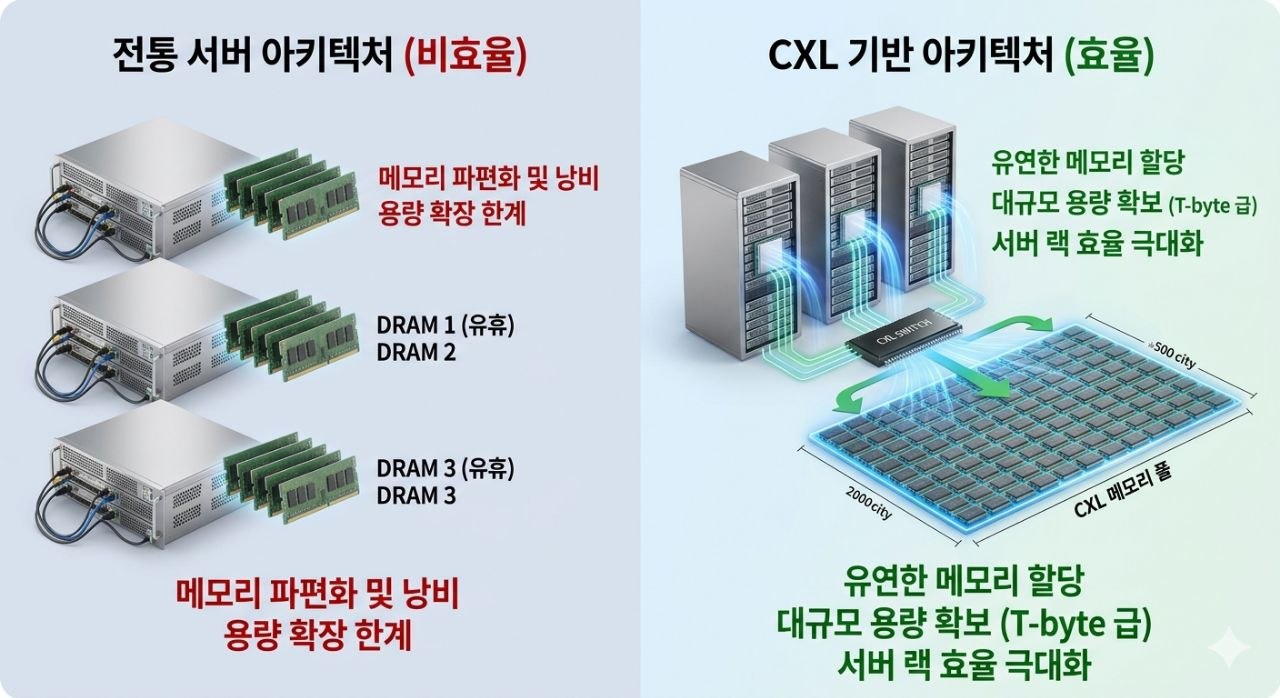 전통 서버 구조와 CXL 기반 메모리 풀링 구조의 효율 차이를 비교한 인포그래픽