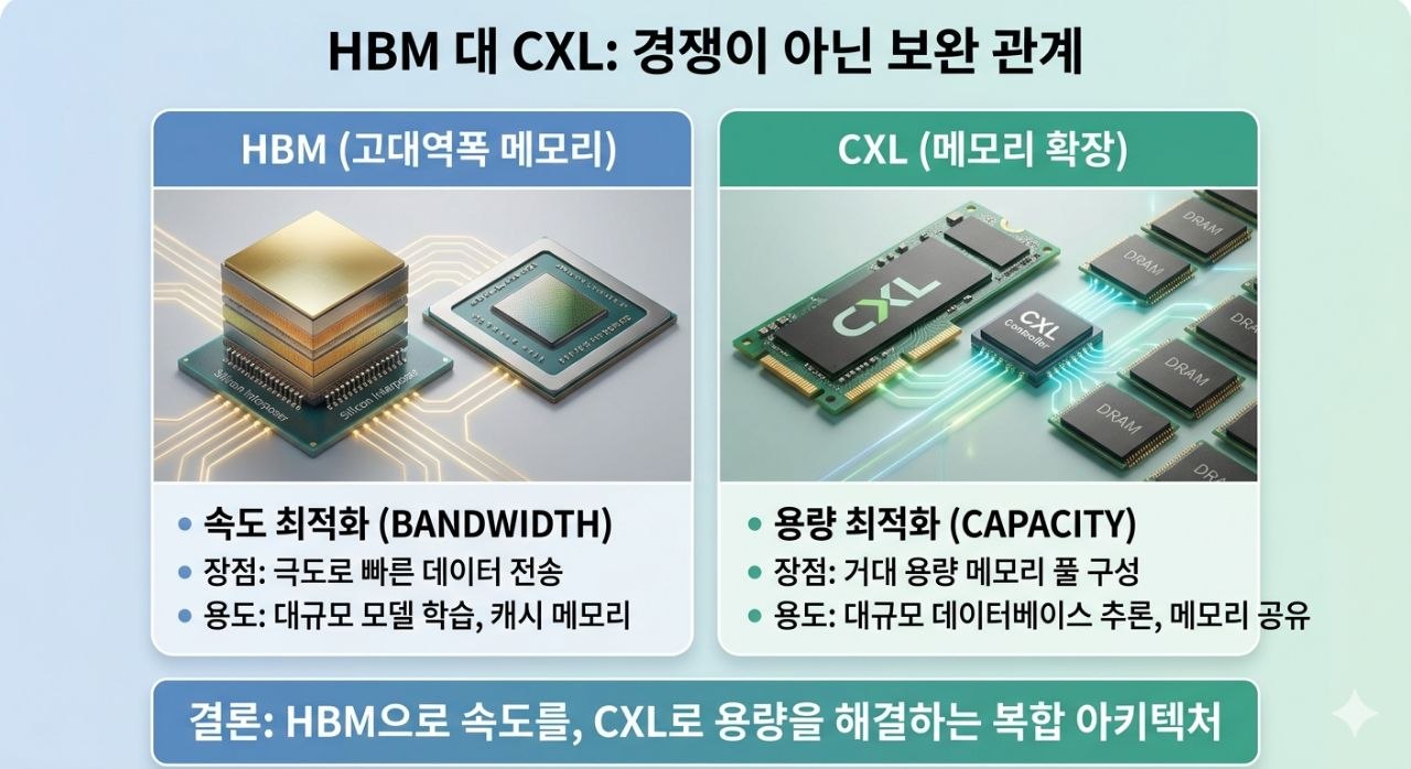 HBM과 CXL이 경쟁이 아니라 속도와 용량 측면에서 상호 보완 관계임을 설명하는 비교 이미지