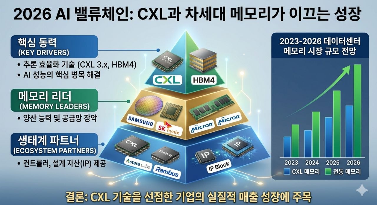 CXL과 HBM4 중심의 2026년 AI 메모리 밸류체인 성장 구조를 정리한 인포그래픽