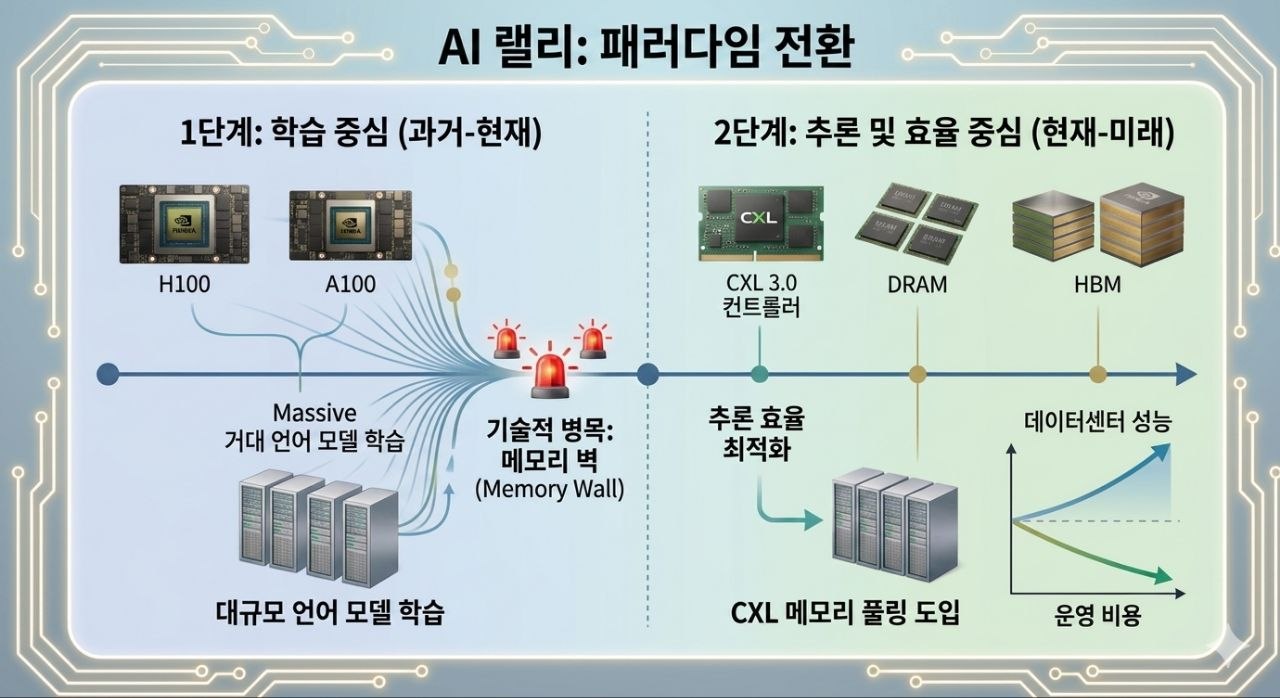 학습 중심 AI 랠리에서 추론과 효율 중심 AI 인프라로 이동하는 패러다임 전환을 설명한 이미지