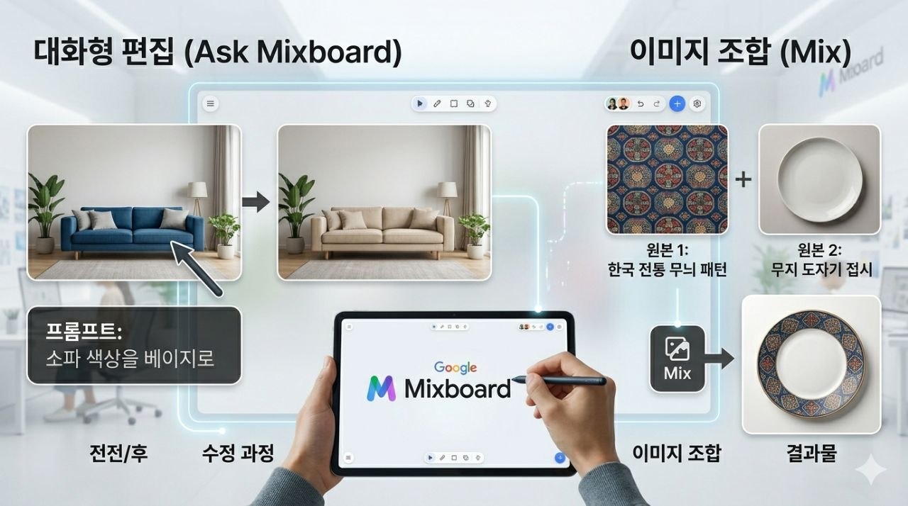 Ask Mixboard 대화형 편집과 Mix 이미지 조합 기능을 설명하는 before after 예시 이미지