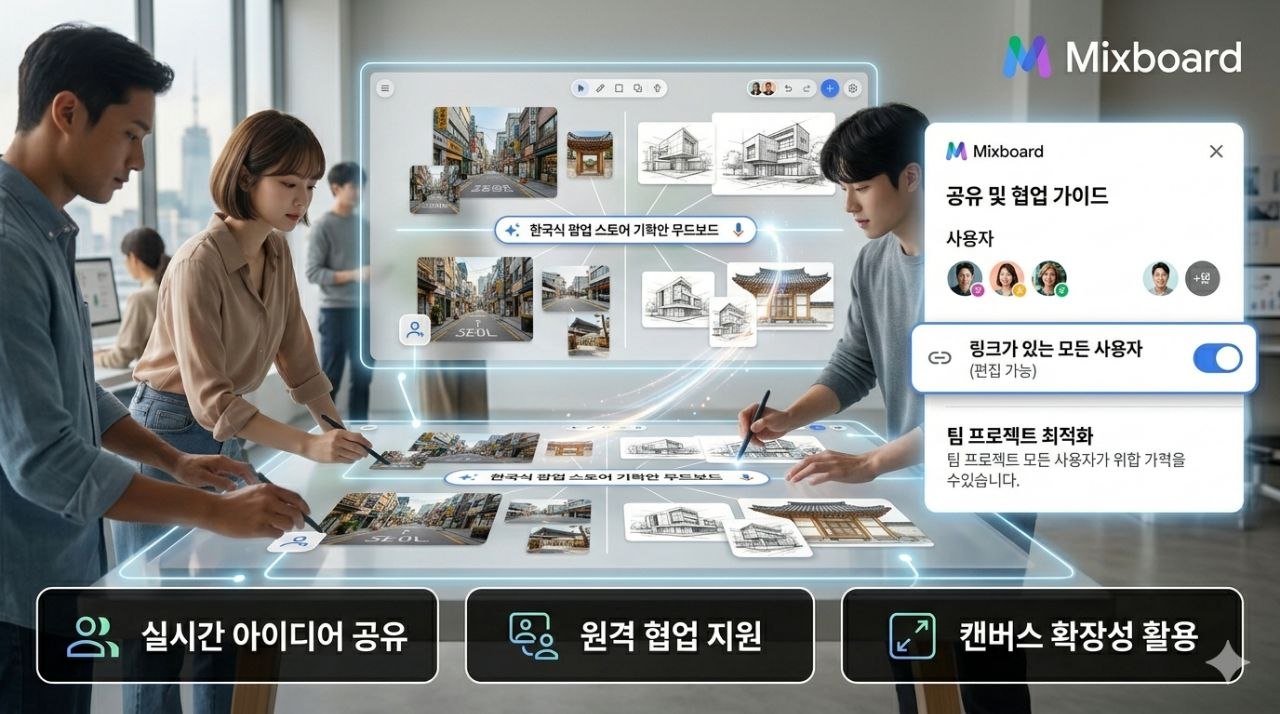 구글 믹스보드 공유 기능으로 팀원과 원격 협업을 진행하는 장면을 보여 주는 이미지