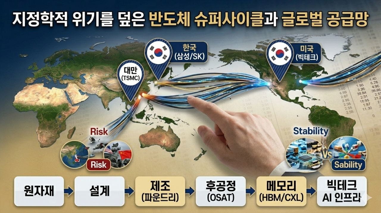 미국 빅테크와 한국 메모리, 대만 파운드리가 연결된 글로벌 AI 반도체 공급망 지도 이미지