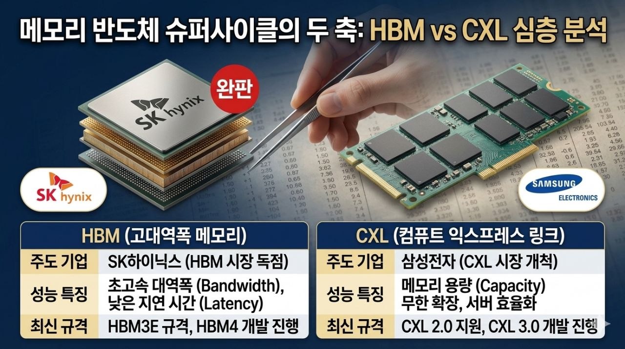 HBM과 CXL의 차이와 역할을 비교 분석한 인포그래픽 이미지