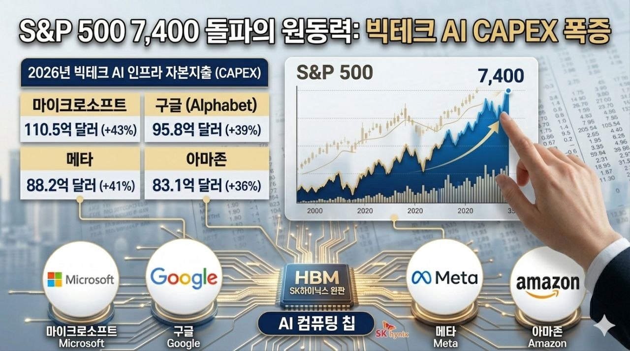 S&P500 7400 돌파의 원동력인 빅테크 AI CAPEX와 HBM 수요를 시각화한 이미지