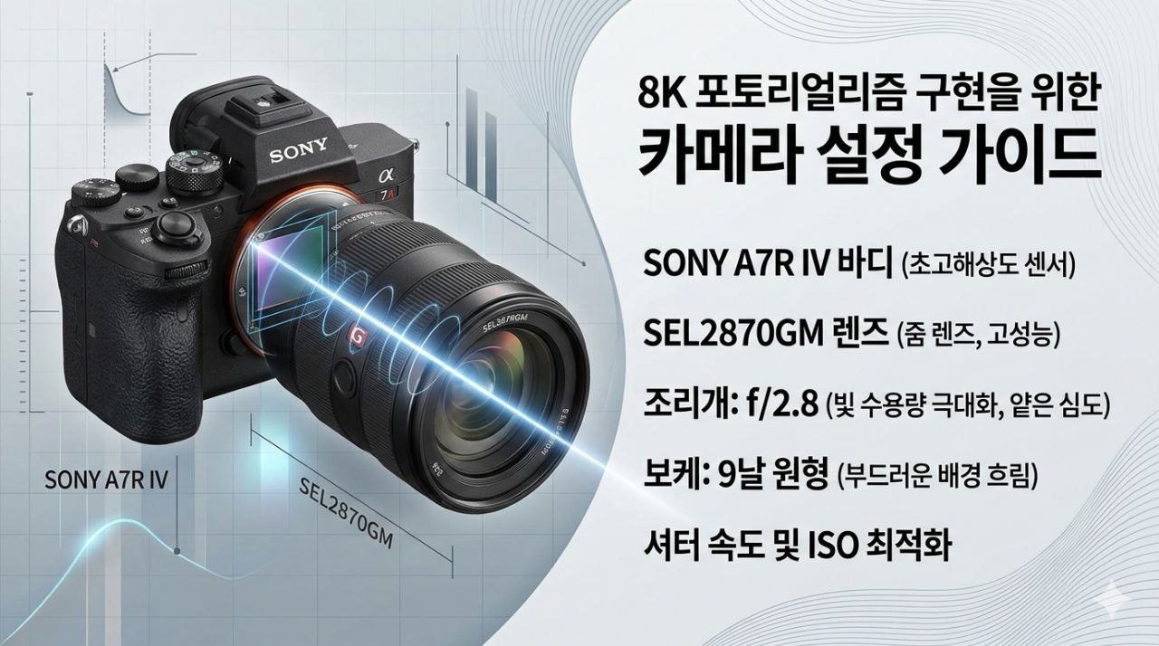 Sony A7R IV와 SEL2870GM 렌즈, f2.8, 9날 보케를 설명하는 8K 포토리얼리즘 카메라 설정 가이드 이미지