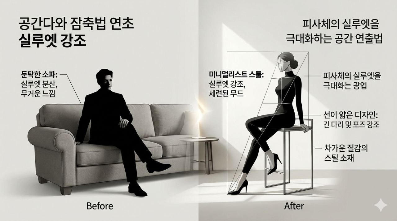 둔탁한 소파와 미니멀 스틸 스툴의 차이를 비교하며 실루엣 연출을 보여 주는 이미지