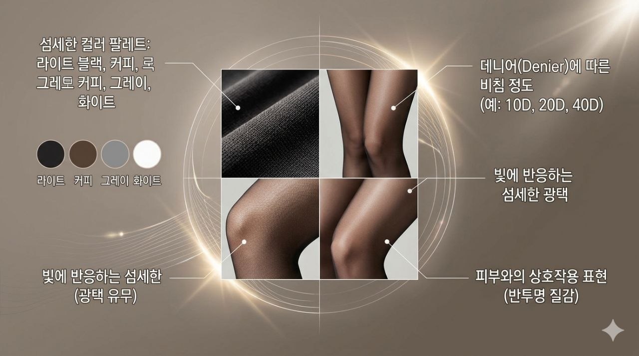 호시어리의 데니어, 광택, 컬러 팔레트와 피부 상호작용을 설명하는 텍스처 가이드 이미지