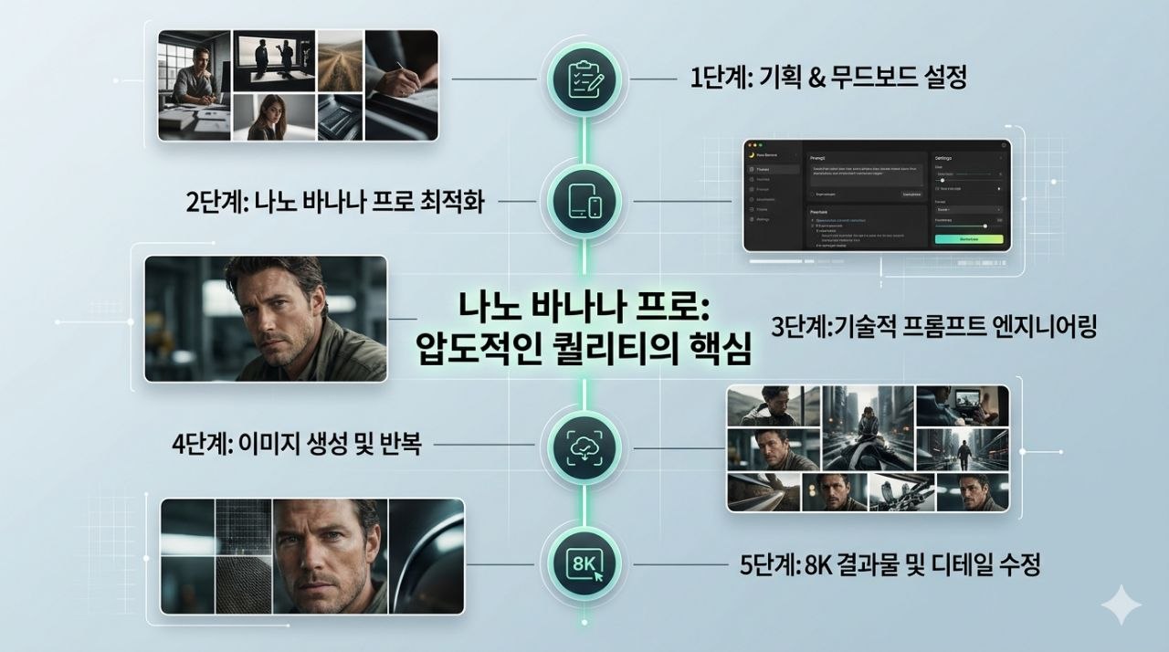나노 바나나 프로 기반 8K 상업 화보 제작 프로세스를 단계별로 정리한 워크플로우 이미지