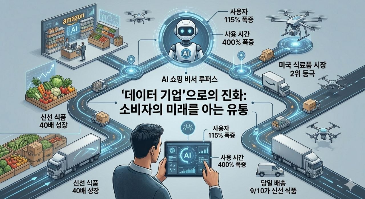 홀푸드와 루퍼스, 당일 배송 데이터를 결합한 아마존의 데이터 기업 전환을 설명하는 이미지