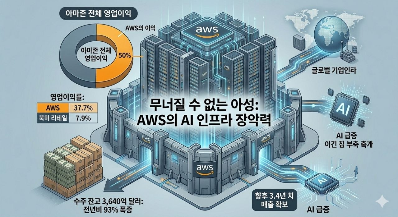 AWS 영업이익률 37.7퍼센트와 수주 잔고 3640억 달러를 바탕으로 한 AI 인프라 장악력을 설명하는 이미지