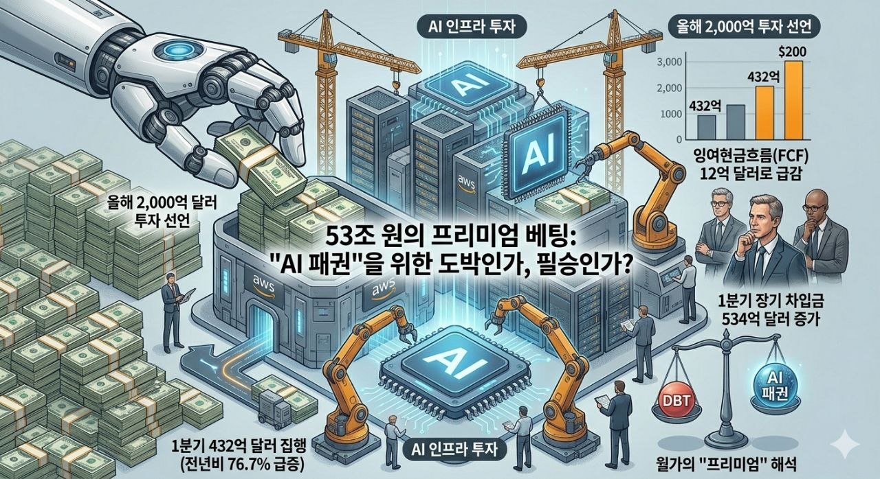 2천억 달러 AI 인프라 투자와 53조 원 차입을 프리미엄 베팅으로 설명하는 이미지
