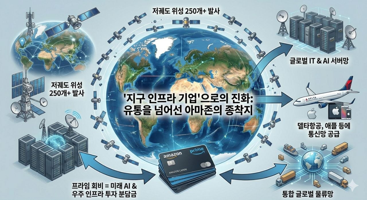 저궤도 위성과 글로벌 통신망, 물류망을 통해 지구 인프라 기업으로 진화하는 아마존을 보여 주는 이미지