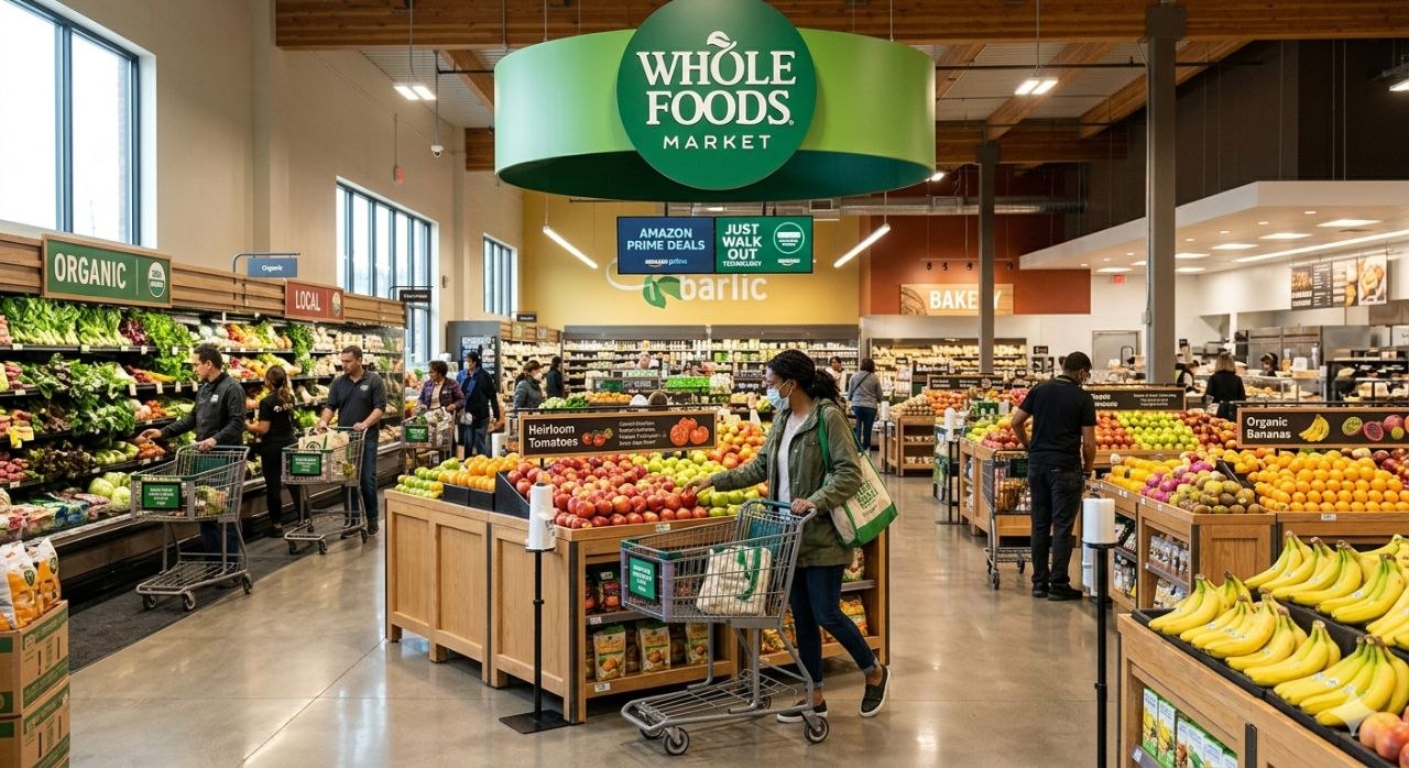 Whole Foods Market 매장 내부를 보여 주며 신선 식품과 오프라인 데이터 전략을 상징하는 사진
