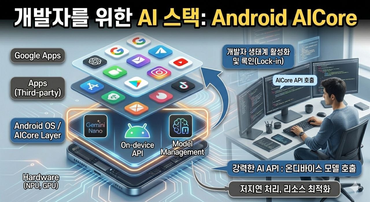 Android AICore와 온디바이스 API, 모델 관리, 개발자 록인 구조를 설명하는 인포그래픽