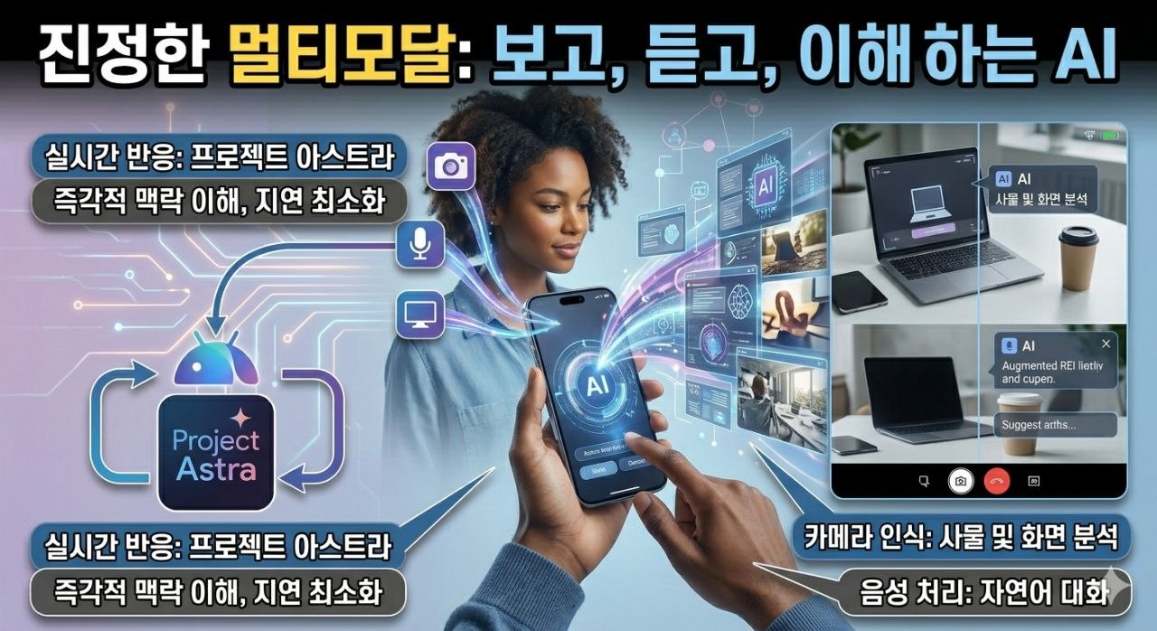 프로젝트 아스트라 기반 멀티모달 인터페이스와 카메라 화면 음성 인식을 설명하는 이미지