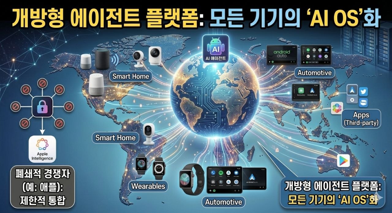 안드로이드 기반 개방형 에이전트 플랫폼이 스마트홈 웨어러블 자동차까지 확장되는 AI OS 전략을 보여 주는 이미지