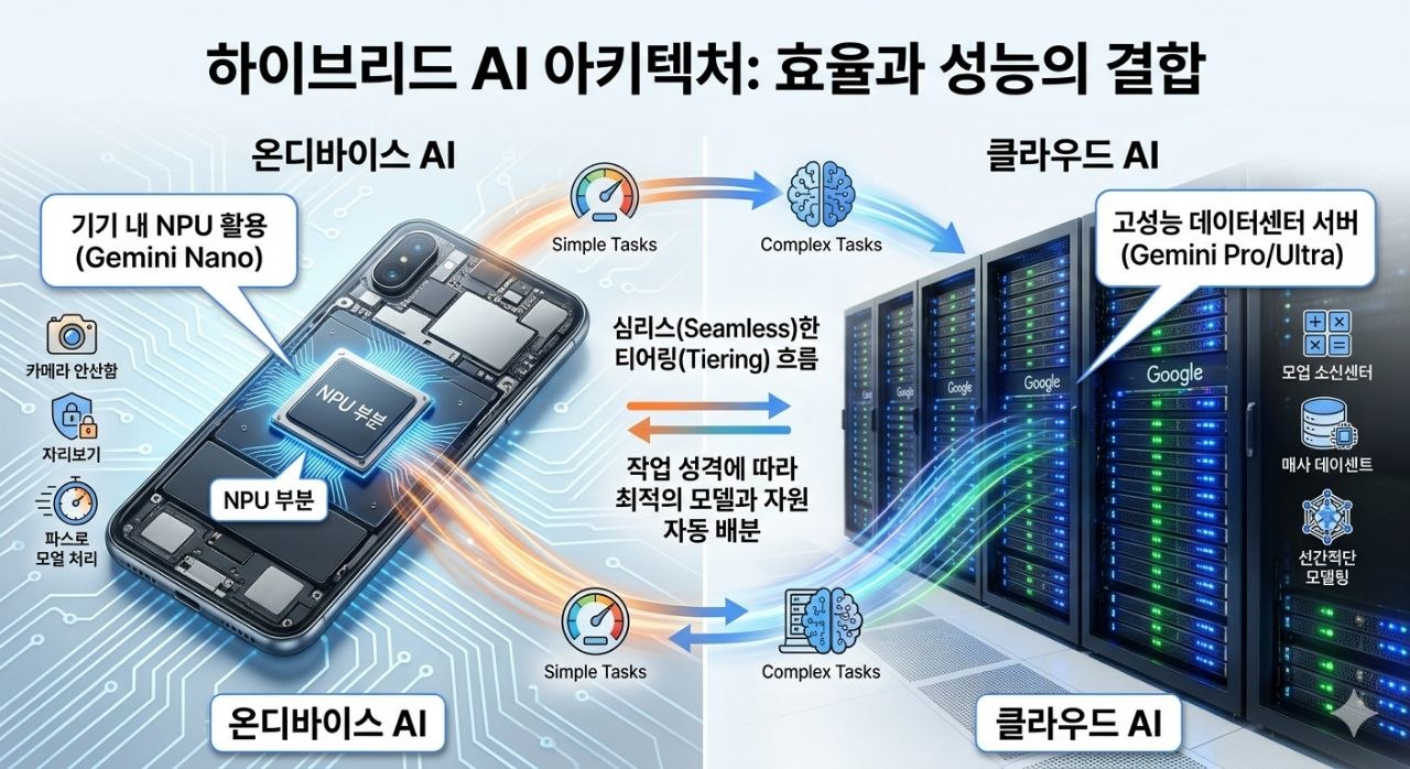 Gemini Nano 온디바이스 AI와 Gemini Pro Ultra 클라우드 AI의 심리스 티어링 구조를 설명하는 이미지