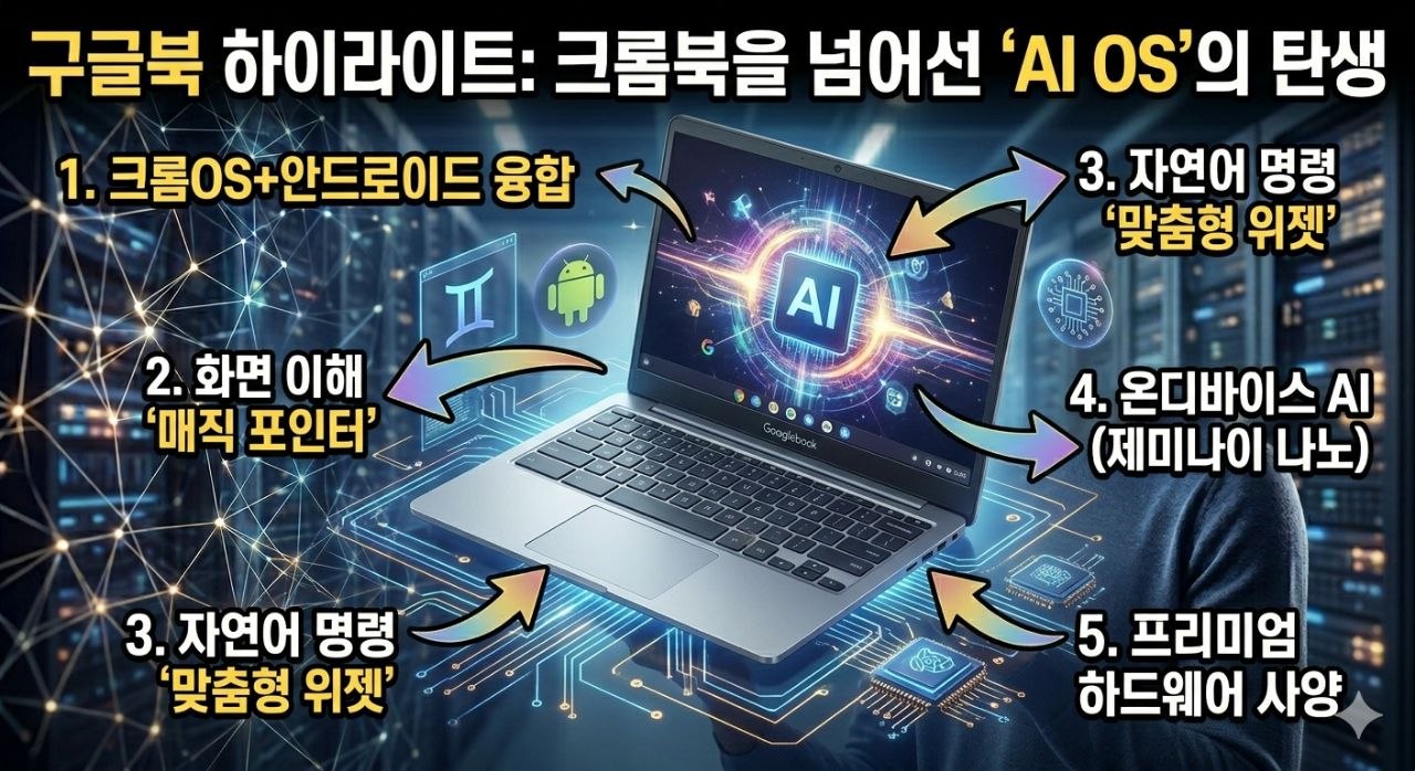 크롬OS와 안드로이드 융합, 매직 포인터, 맞춤형 위젯, 온디바이스 AI, 프리미엄 하드웨어를 요약한 구글북 하이라이트 이미지