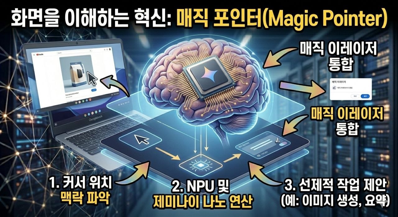 화면 문맥 이해와 NPU 기반 제미나이 나노 연산, 선제적 작업 제안을 설명하는 매직 포인터 인포그래픽