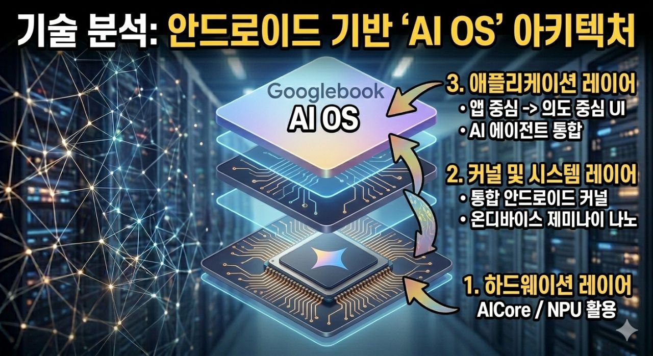 하드웨어 계층과 커널 시스템 레이어, 애플리케이션 레이어를 포함한 안드로이드 기반 AI OS 아키텍처 도식