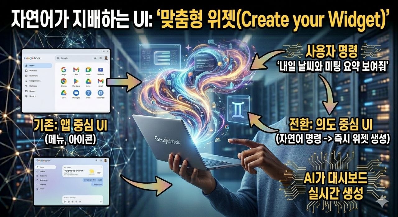 자연어 명령으로 맞춤형 위젯과 대시보드를 실시간 생성하는 의도 중심 UI를 설명하는 이미지