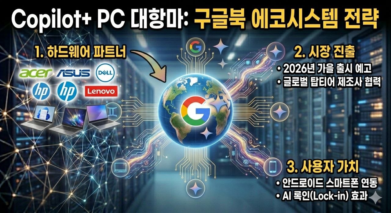 Acer ASUS Dell HP Lenovo 협력과 2026년 가을 출시, 안드로이드 연동 록인 효과를 보여 주는 구글북 생태계 전략 이미지