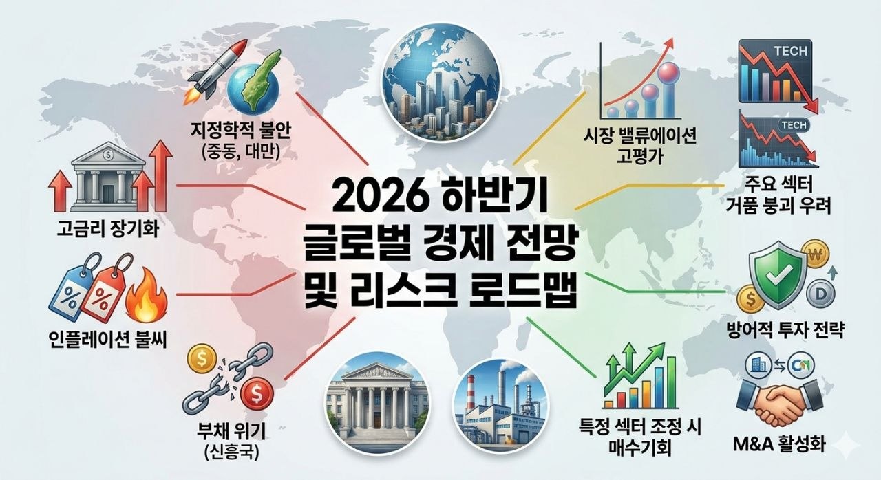고금리, 인플레이션, 지정학, 밸류에이션 부담 등 2026 하반기 글로벌 경제 리스크를 정리한 인포그래픽