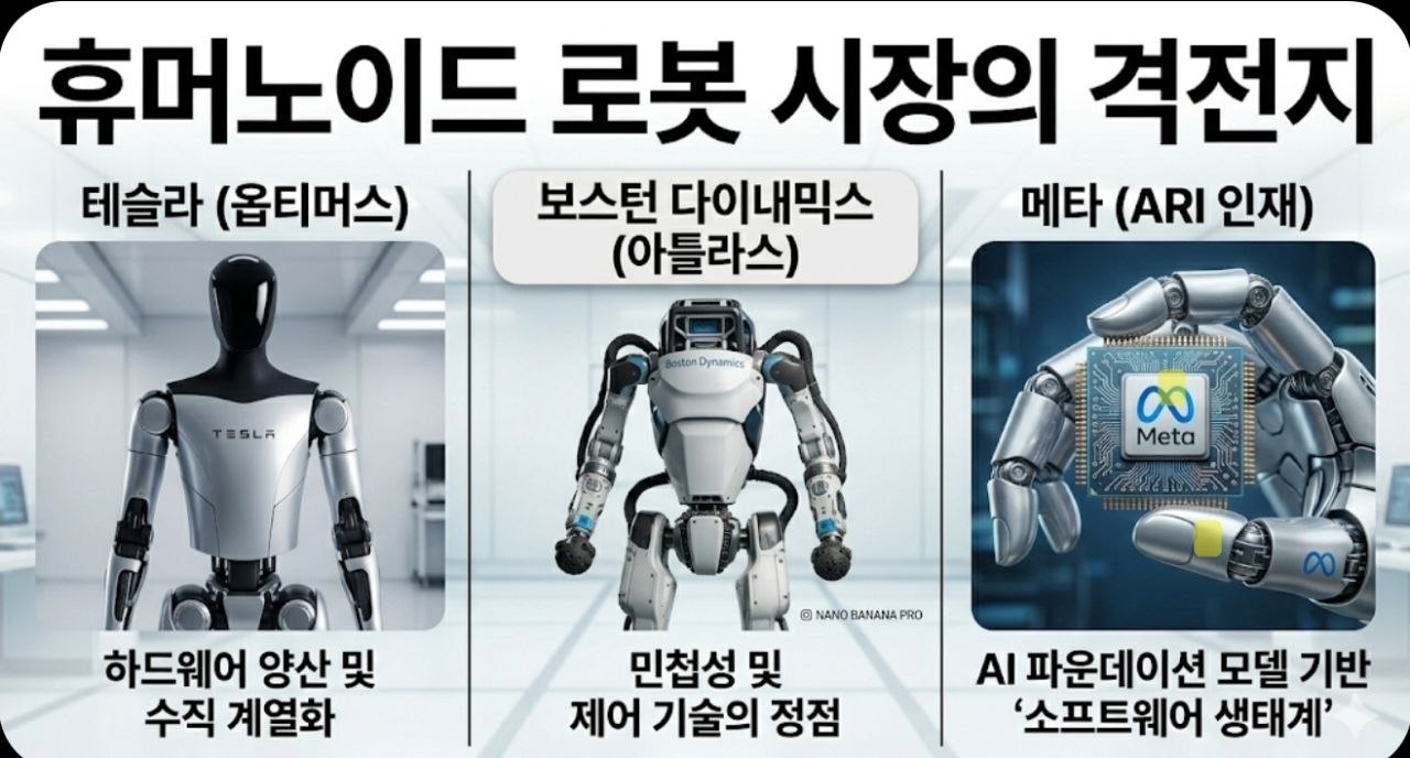 테슬라 옵티머스, 보스턴 다이내믹스 아틀라스, 메타 ARI 인재 기반 전략을 비교한 휴머노이드 로봇 시장 경쟁 구도 인포그래픽