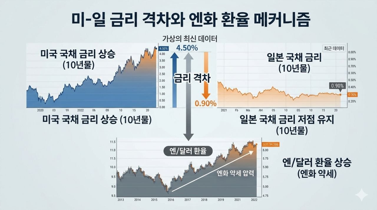 미국과 일본의 10년물 금리 차가 엔달러 환율 상승과 엔화 약세 압력으로 이어지는 구조를 설명하는 인포그래픽