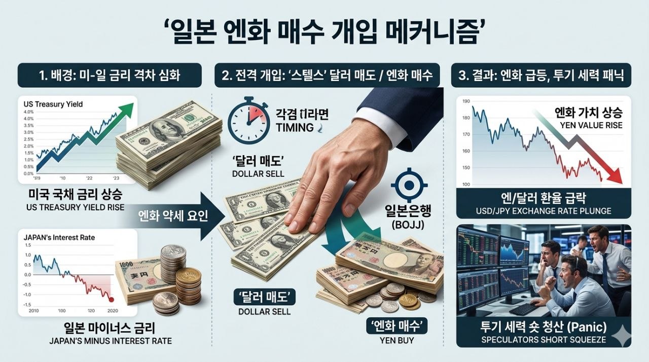 미일 금리 격차, 달러 매도 엔화 매수, 숏 스퀴즈로 이어지는 일본 엔화 매수 개입 메커니즘을 설명하는 인포그래픽