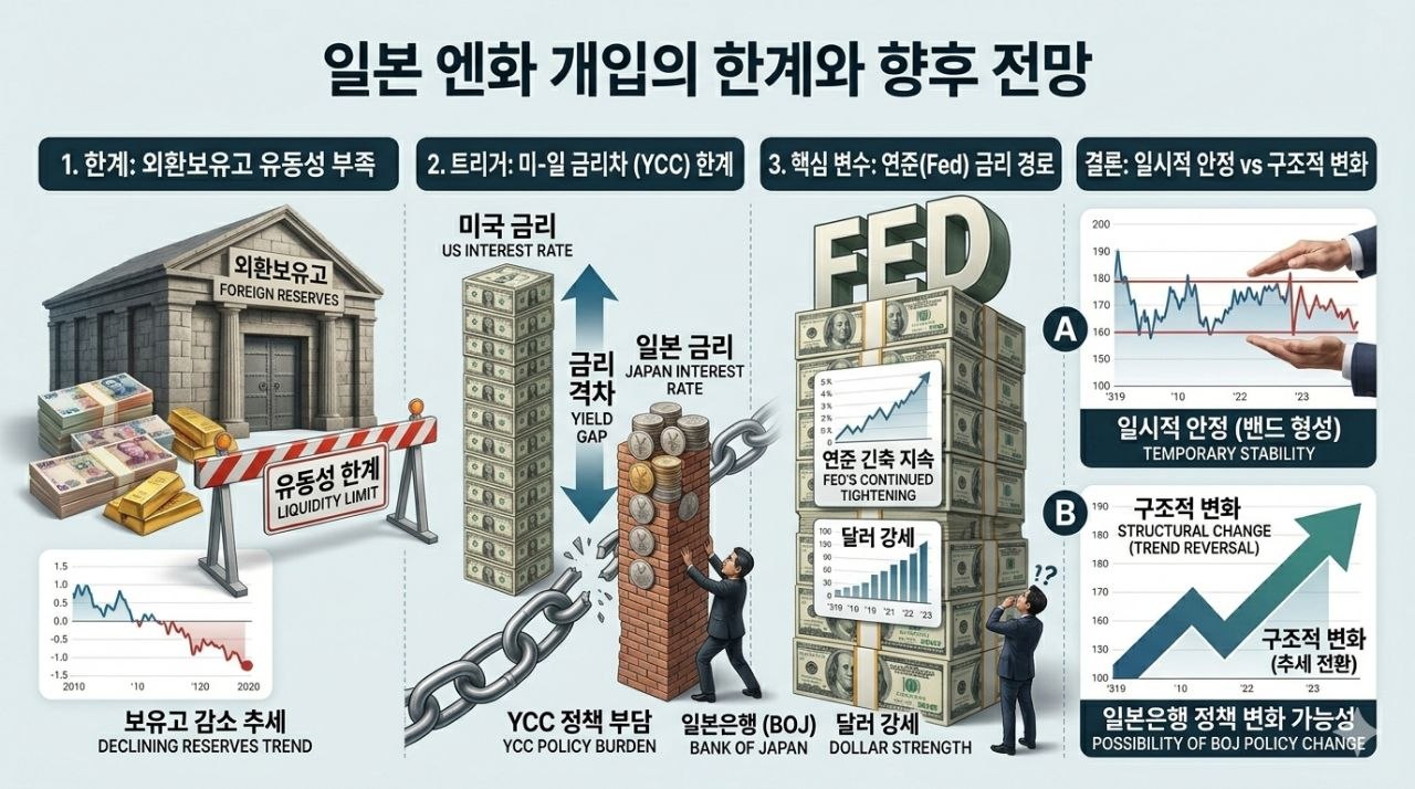 일본 외환보유고의 한계, 미일 금리차, 연준 경로, 구조적 변화 가능성을 정리한 엔화 개입 전망 인포그래픽