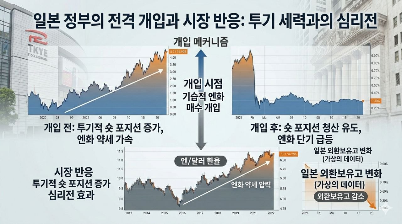 일본 정부의 기습 개입이 투기적 엔화 숏 포지션 청산과 단기 급등을 유도하는 심리전을 설명하는 인포그래픽