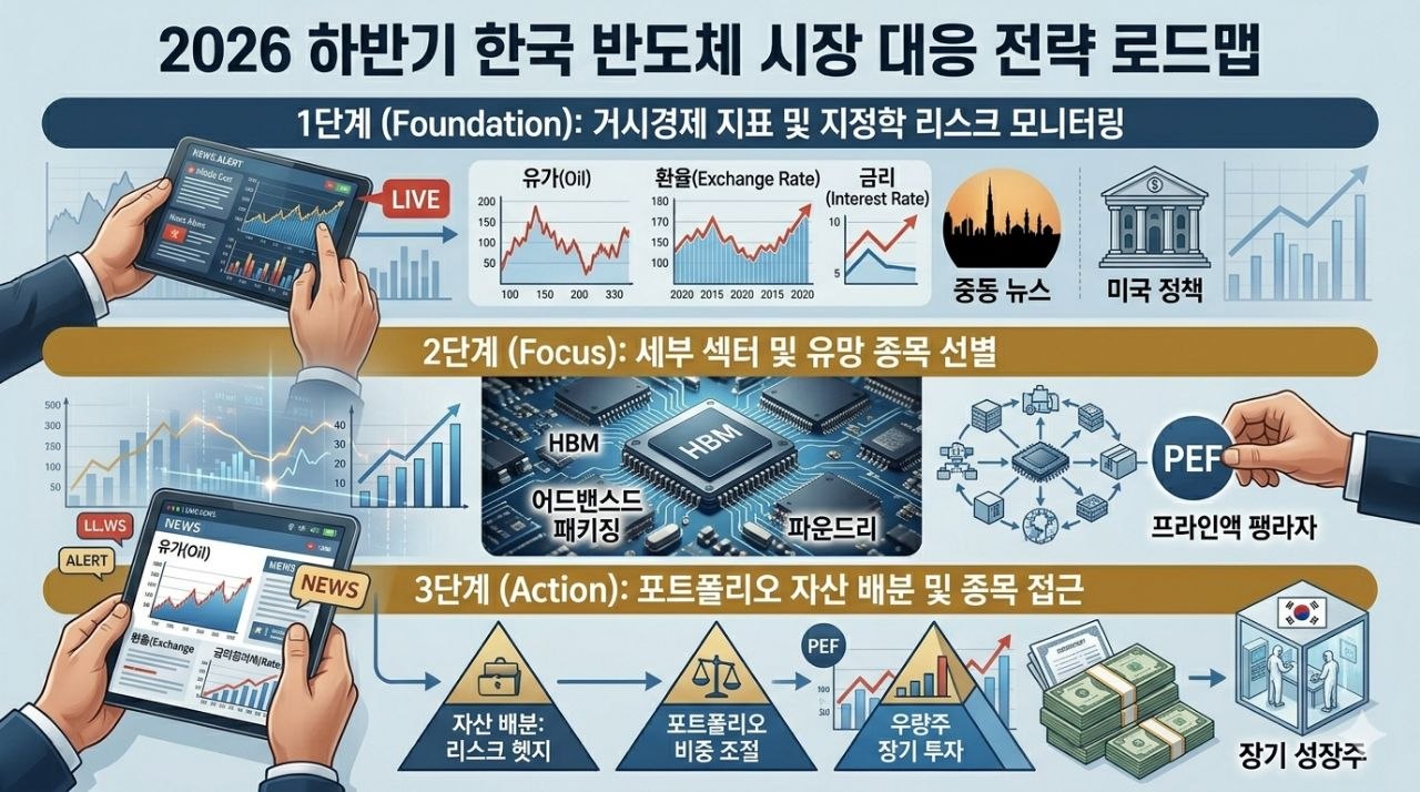 거시경제 모니터링, 유망 섹터 선별, 포트폴리오 자산 배분으로 나눈 2026 하반기 한국 반도체 대응 전략 로드맵 인포그래픽