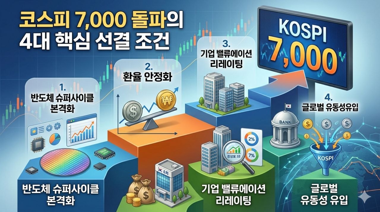 반도체 슈퍼사이클, 환율 안정화, 기업 밸류에이션 리레이팅, 글로벌 유동성 유입 등 코스피 7000 돌파의 핵심 조건을 정리한 인포그래픽