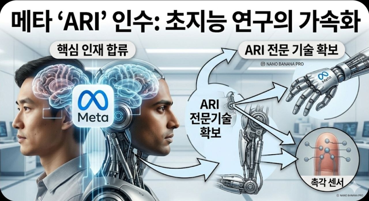 메타의 ARI 인수가 핵심 인재 합류와 전신 제어 및 촉각 기술 확보로 이어지는 구조를 보여주는 인포그래픽