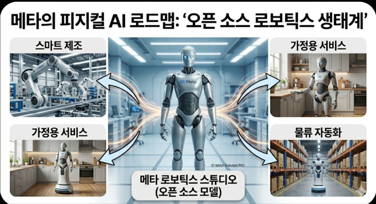 스마트 제조, 가정용 서비스, 물류 자동화로 확장되는 메타의 오픈 소스 로보틱스 생태계 로드맵 인포그래픽