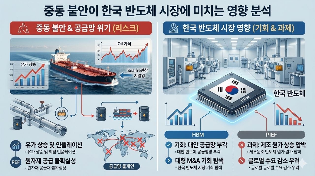 중동 불안, 유가 상승, 공급망 위기와 한국 반도체 시장의 기회와 과제를 함께 정리한 인포그래픽