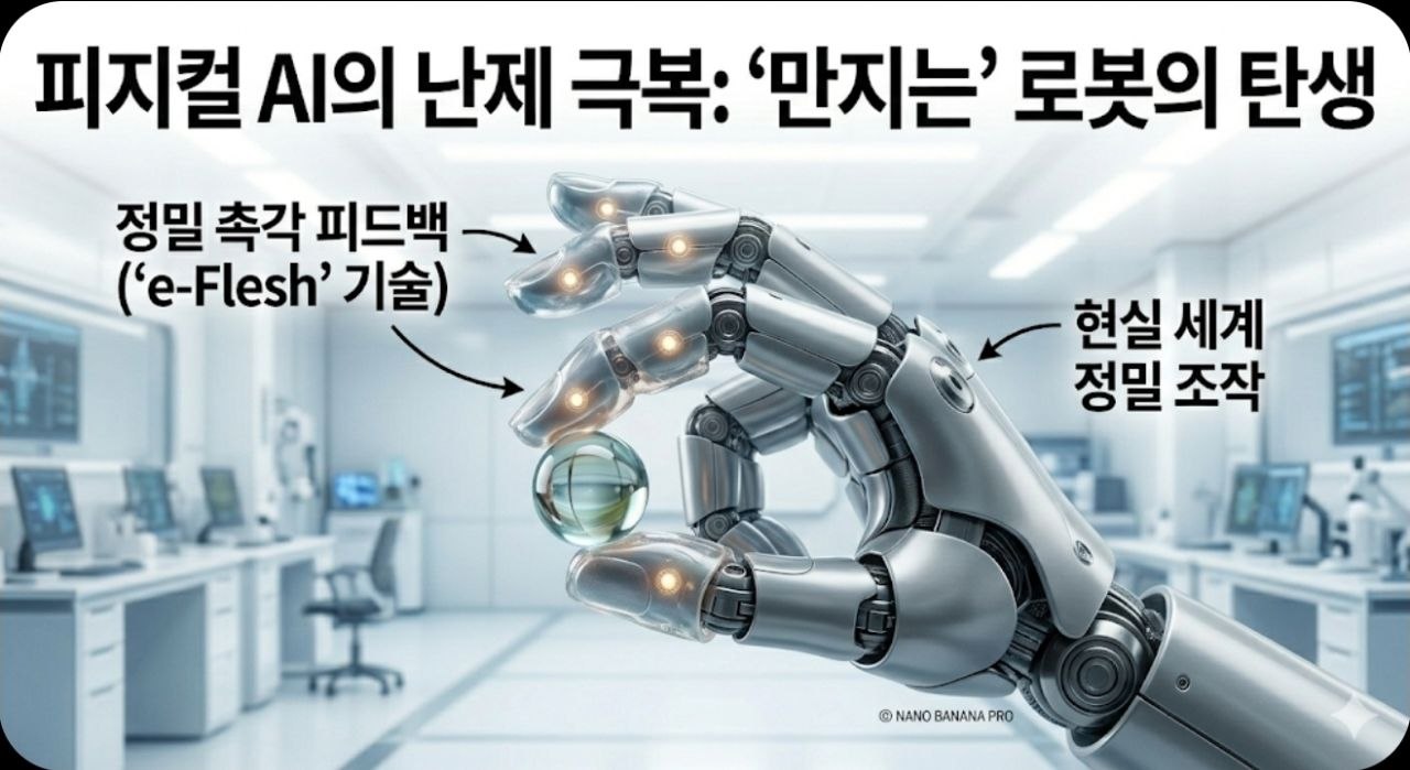 e-Flesh 기술과 정밀 촉각 피드백이 현실 세계 조작 능력을 높이는 모습을 보여주는 인포그래픽