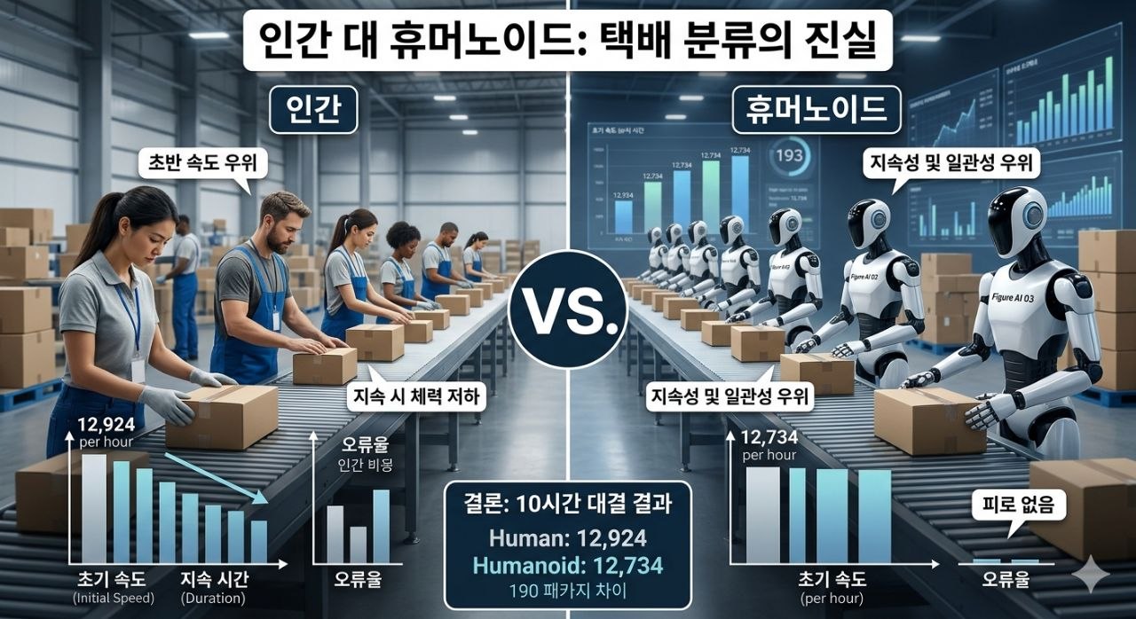 인간과 휴머노이드의 택배 분류 대결 개념도