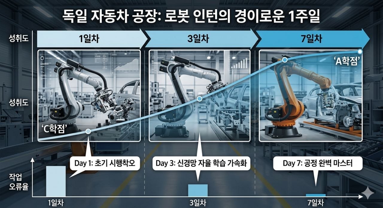 독일 자동차 공장의 로봇 학습 진화 개념도
