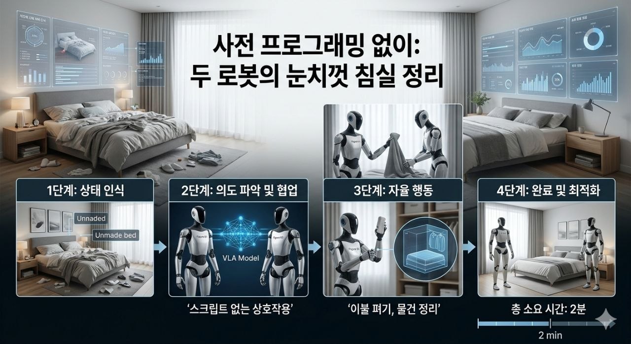 두 대의 로봇이 침실을 자율 협업으로 정리하는 개념도