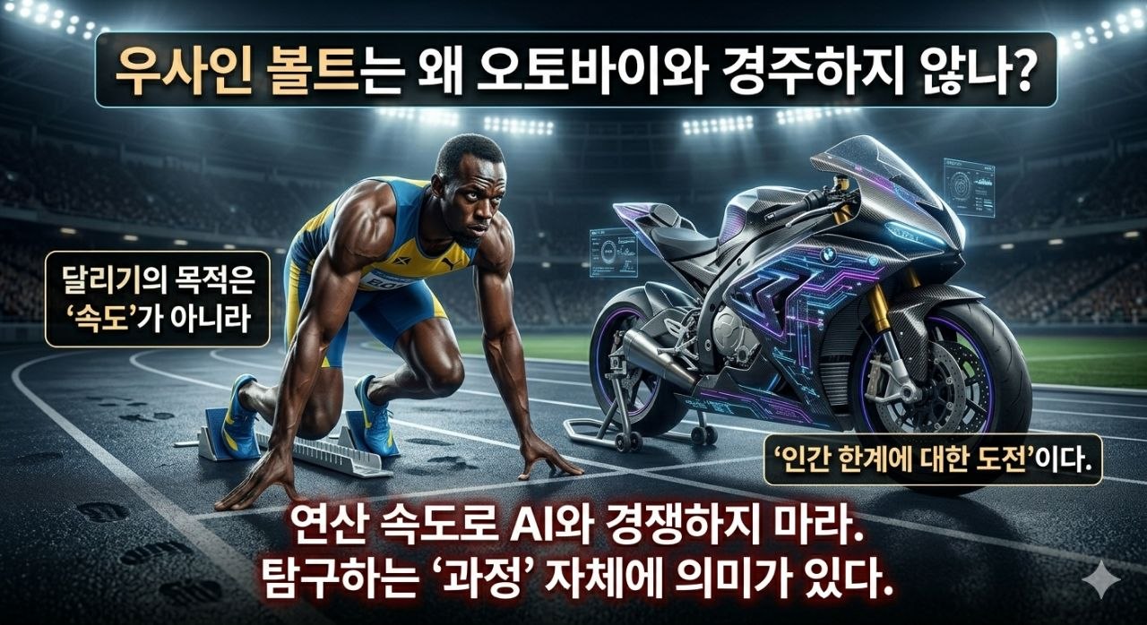 우사인 볼트와 오토바이 비유를 시각화한 이미지