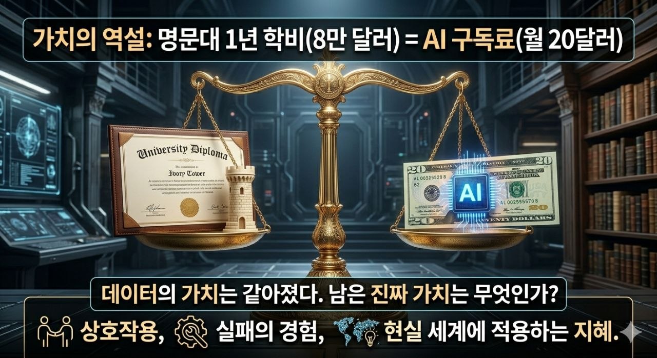 8만 달러 지식과 20달러 AI 지식의 가치 격차를 표현한 이미지
