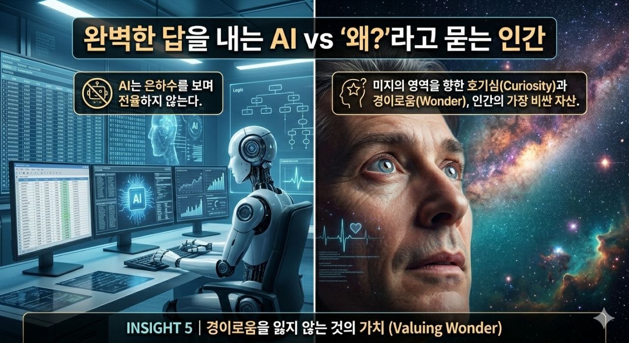 AI의 답변 능력과 인간의 경이로움 가치를 대비한 이미지
